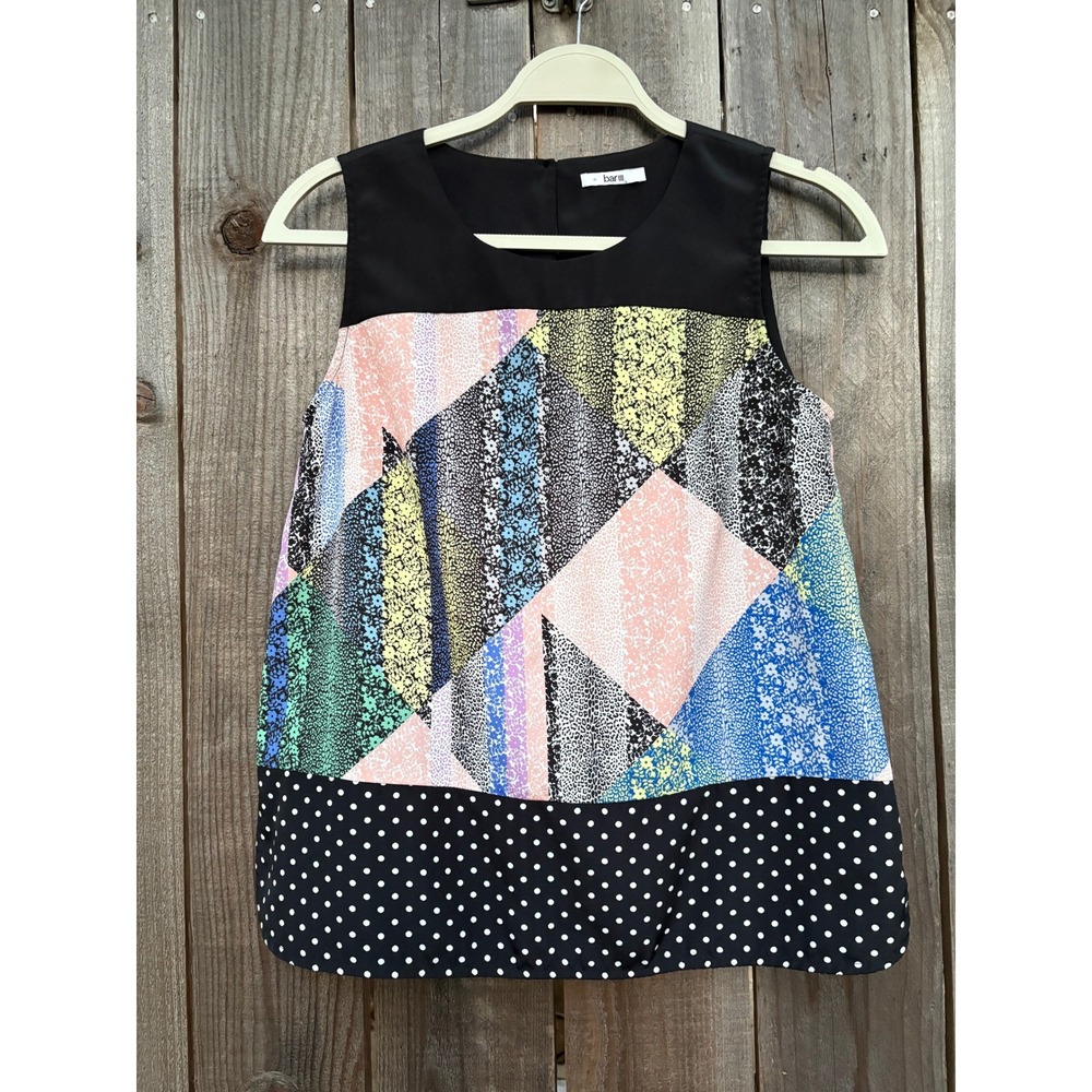 Bar III Sleeveless Top Patchwork Print Polka Dot Blouse Party Casual S